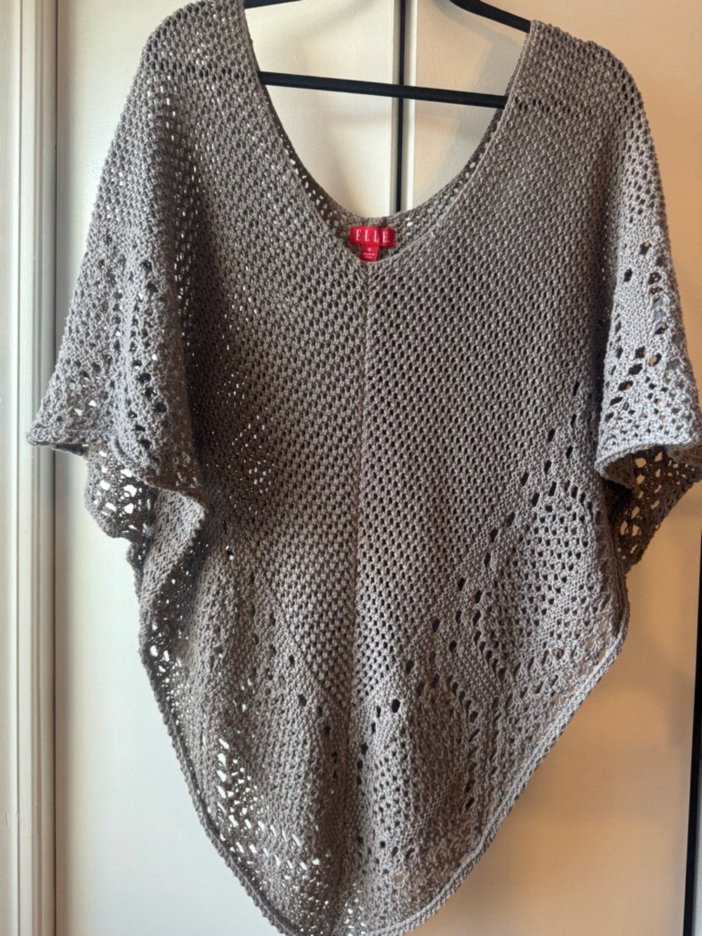 ELLE Taupe Crochet Knit Poncho Shawl V-Neck Cotton Blend